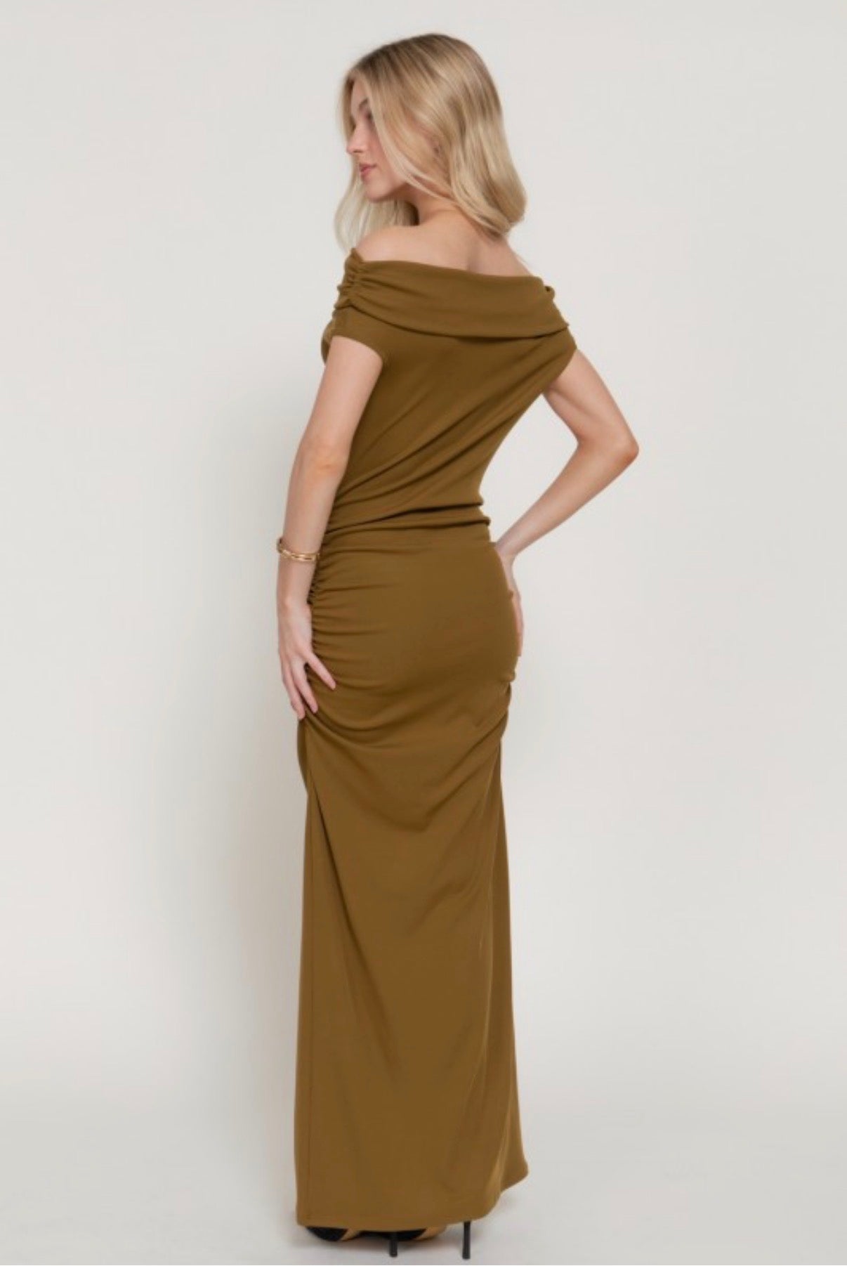 Olive Golden Off Shoulder Dress Pre Order