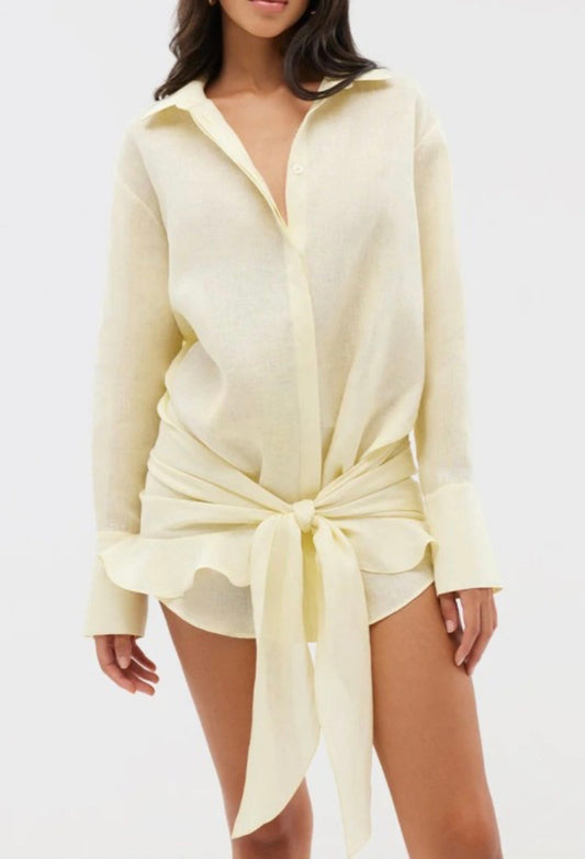 Tie Front Shirt Cover up Dress Yellow