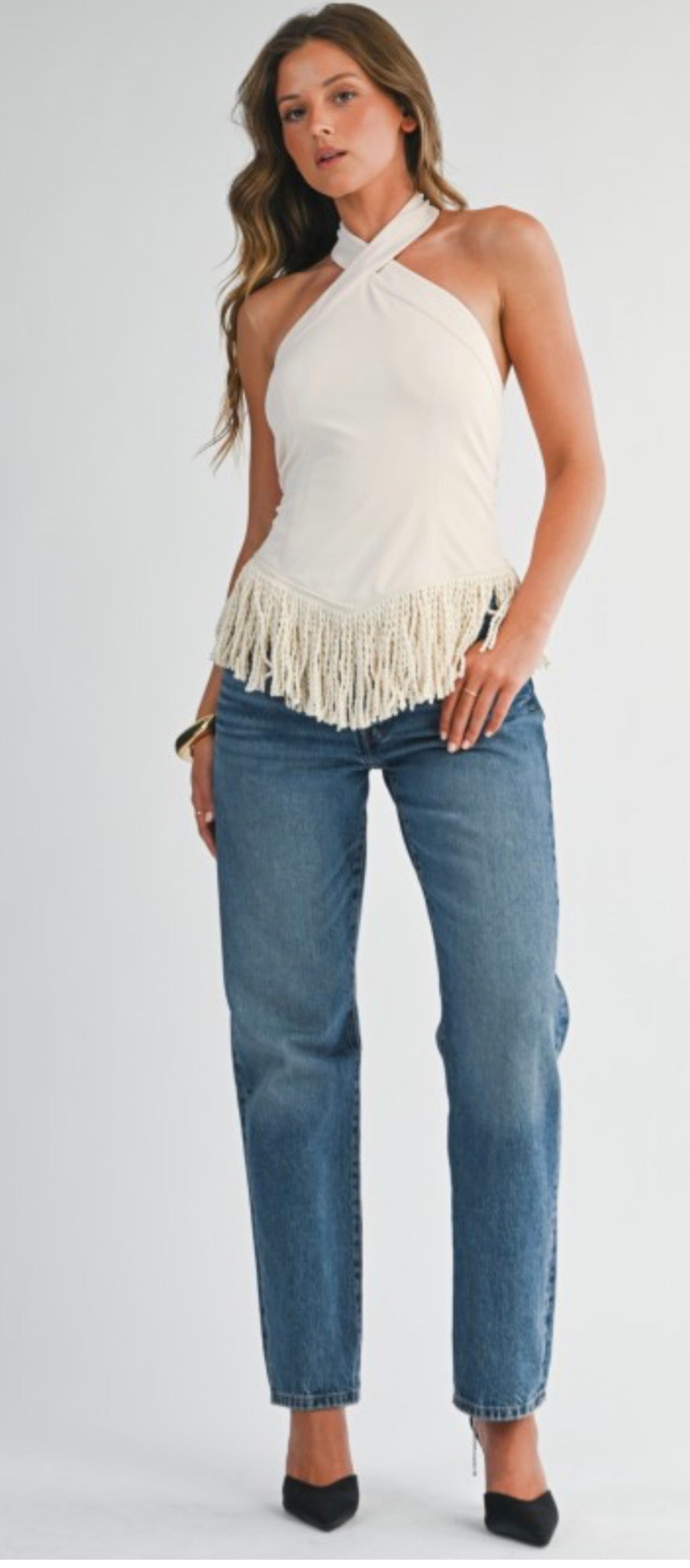 Cream Fringe Halter Neck Top