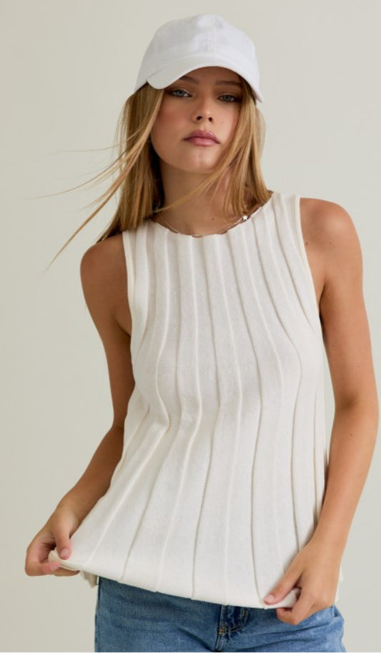 Boat Neck Ribbed Sleeveless Sweater Top